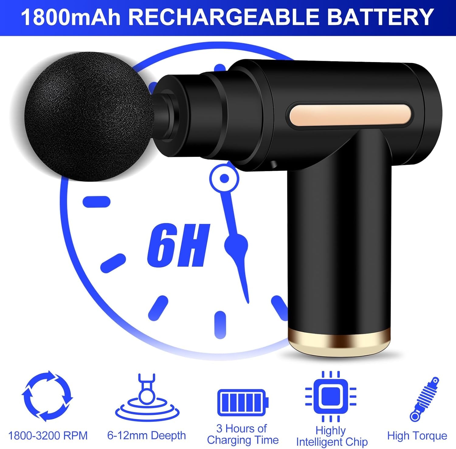 AQXONG Mini Pistolet De Massage Musculaire, Pistolet De Massage Ultra Silencieux, 6 Vitesses, 4 Têtes De Massage, L'Écran LCD, Masseurs Électriques Portables Pour Soulager Les Douleurs Musculaires