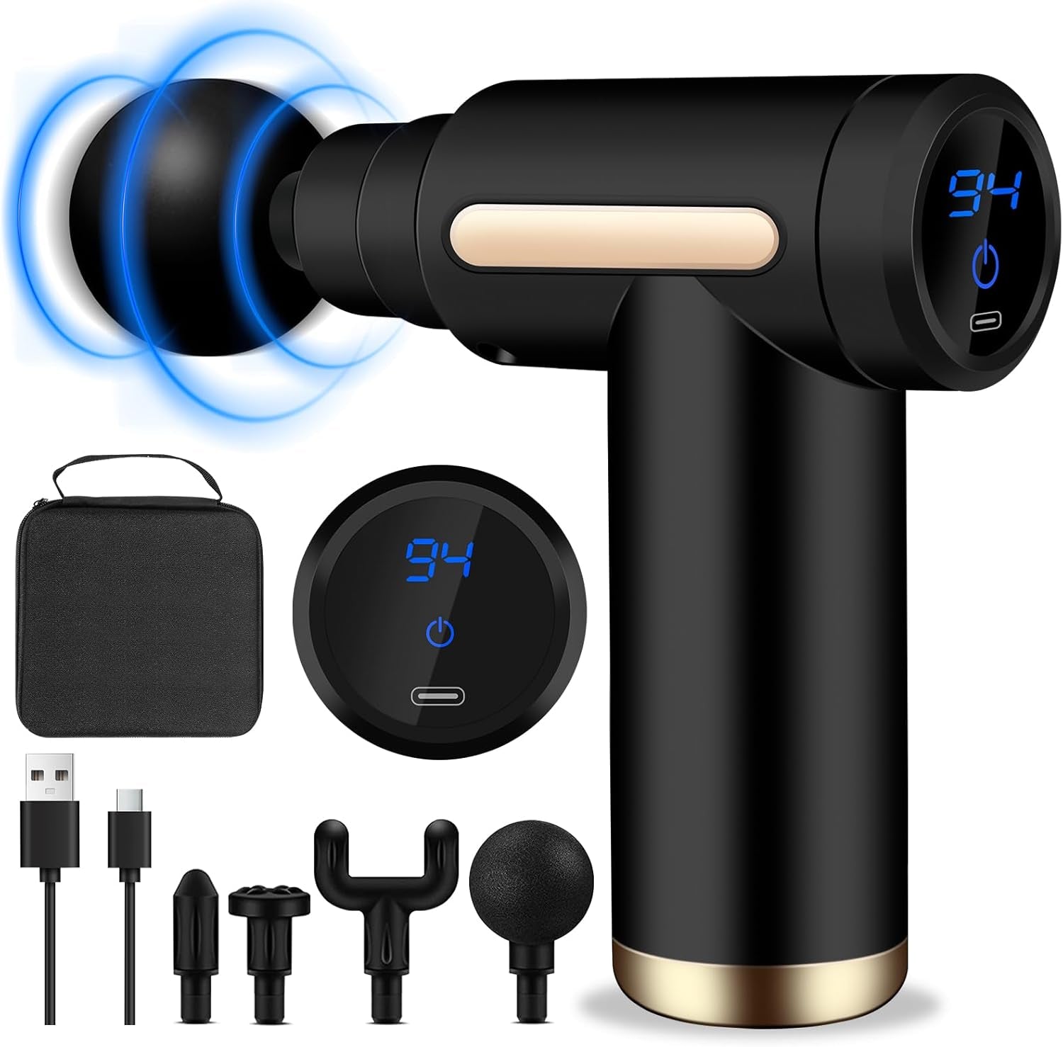 AQXONG Mini Pistolet De Massage Musculaire, Pistolet De Massage Ultra Silencieux, 6 Vitesses, 4 Têtes De Massage, L'Écran LCD, Masseurs Électriques Portables Pour Soulager Les Douleurs Musculaires