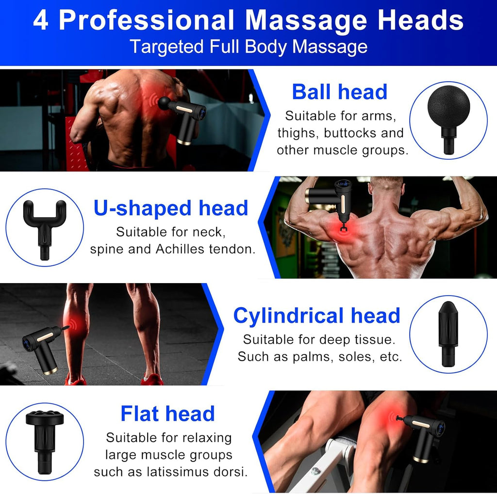 AQXONG Mini Pistolet De Massage Musculaire, Pistolet De Massage Ultra Silencieux, 6 Vitesses, 4 Têtes De Massage, L'Écran LCD, Masseurs Électriques Portables Pour Soulager Les Douleurs Musculaires
